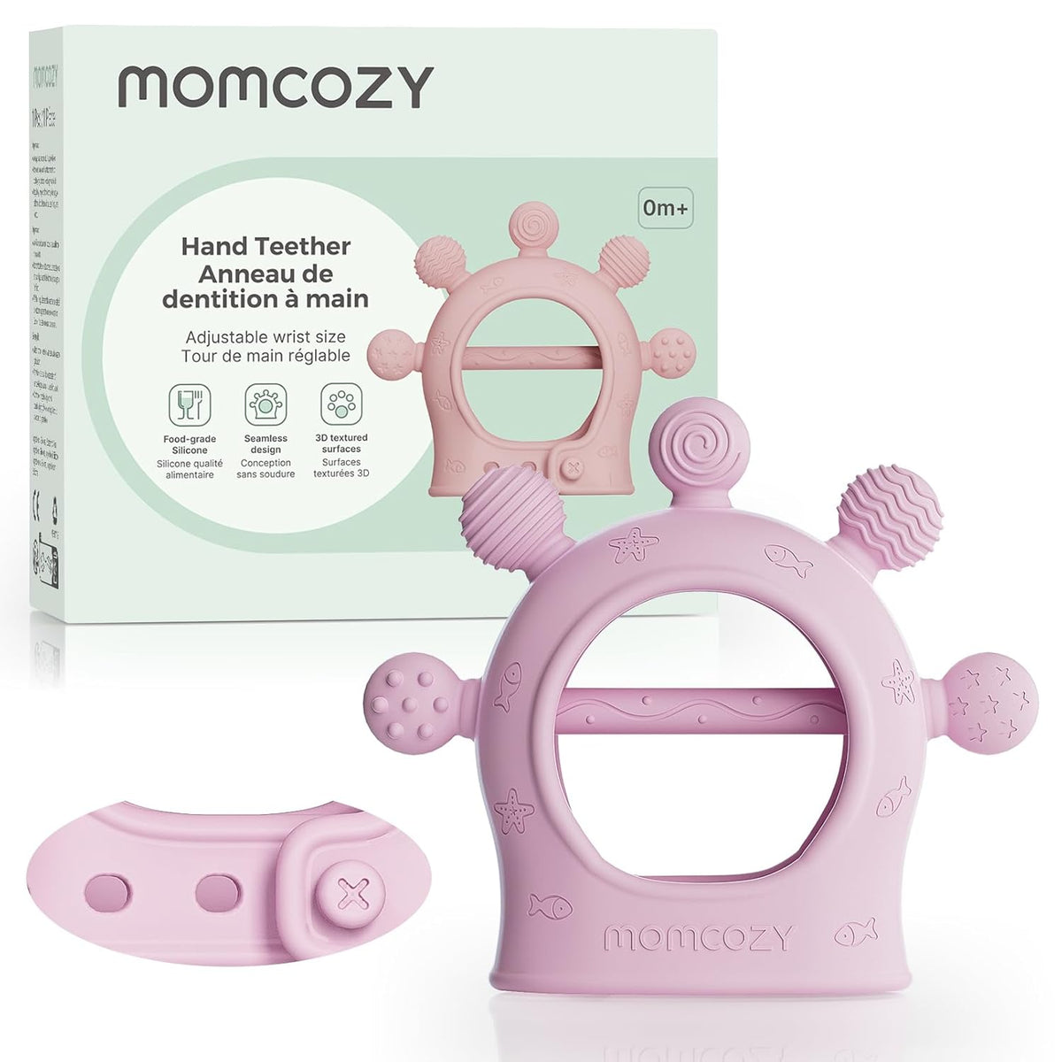 Lodër për dhëmbë për bebe Momcozy silikon food-grade (0–12 muaj)
