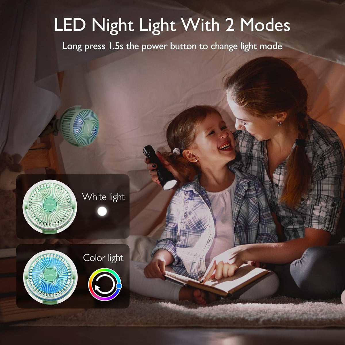 Ventilator portativ për karrocë/shtrat Momcozy PF01 8000mAh me dritë LED