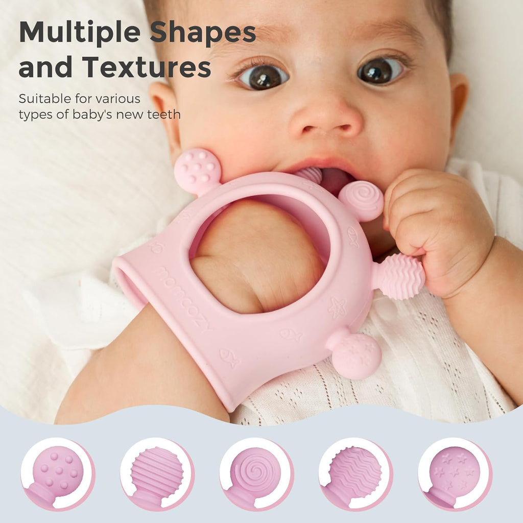 Lodër për dhëmbë për bebe Momcozy silikon food-grade (0–12 muaj)