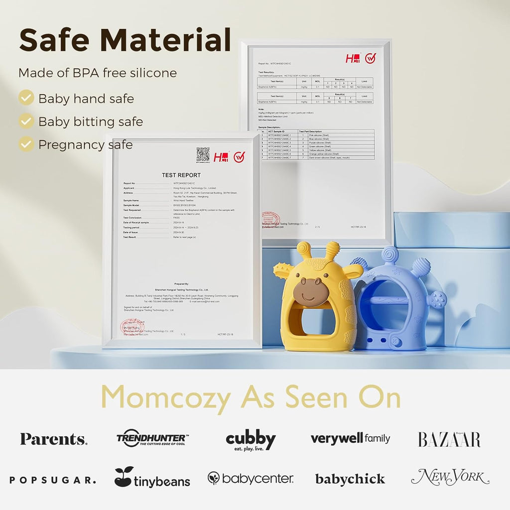 Lodër për dhëmbë për bebe Momcozy silikon food-grade (0–12 muaj)