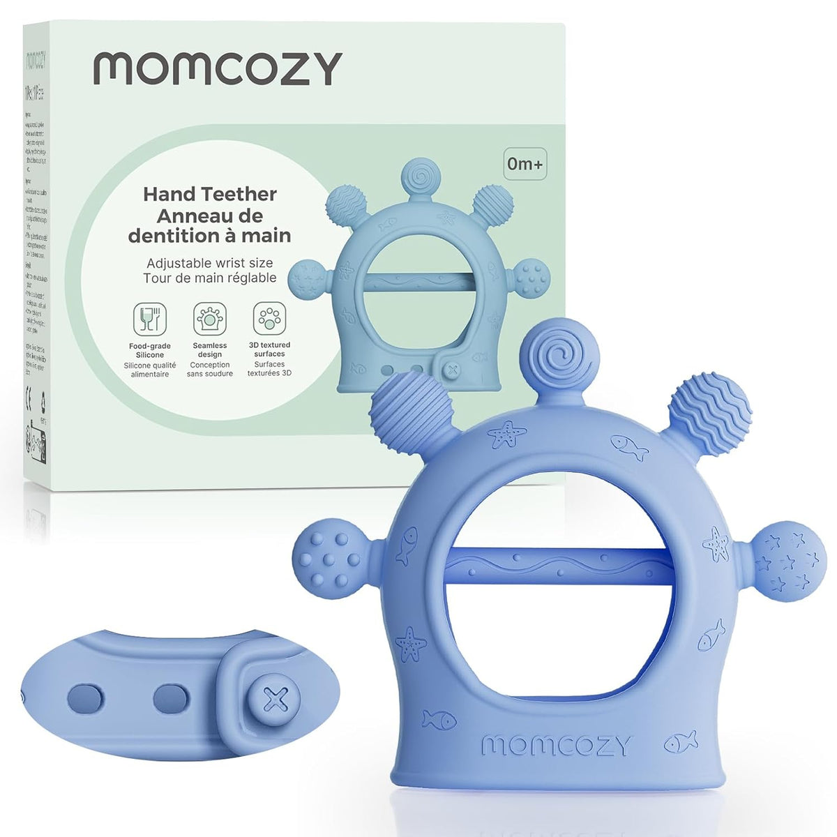 Lodër për dhëmbë për bebe Momcozy silikon food-grade (0–12 muaj)