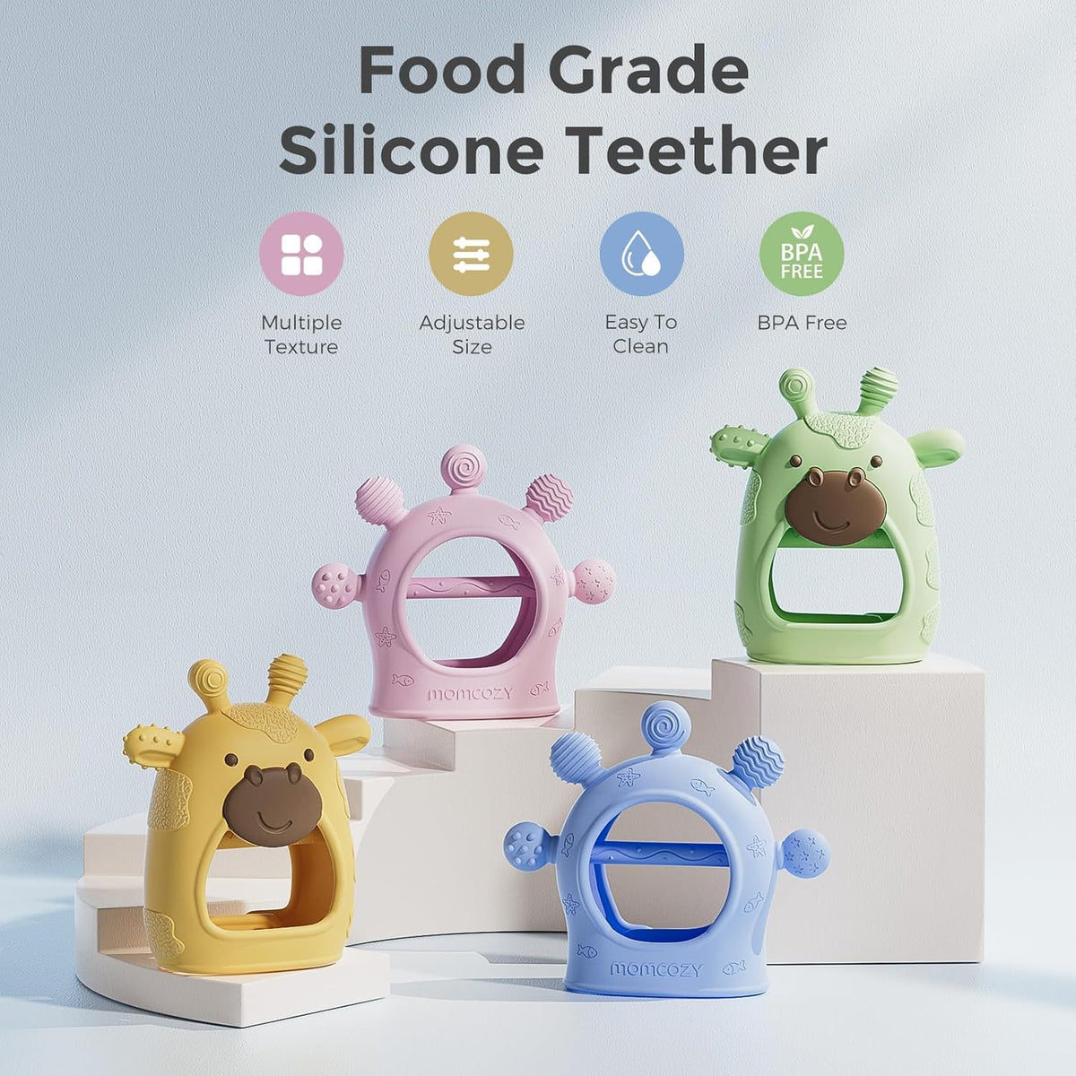 Lodër për dhëmbë për bebe Momcozy silikon food-grade (0–12 muaj)